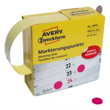   Etikett AVERY 3850 öntapadó jelölőpont adagoló dobozban pink 10mm 800 jelölőpont/doboz