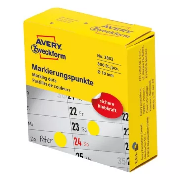   Etikett AVERY 3852 öntapadó jelölőpont adagoló dobozban sárga 10mm 800 jelölőpont/doboz