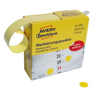   Etikett AVERY 3852 öntapadó jelölőpont adagoló dobozban sárga 10mm 800 jelölőpont/doboz
