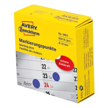   Etikett AVERY 3853 öntapadó jelölőpont adagoló dobozban kék 10mm 800 jelölőpont/doboz