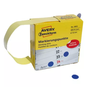   Etikett AVERY 3853 öntapadó jelölőpont adagoló dobozban kék 10mm 800 jelölőpont/doboz