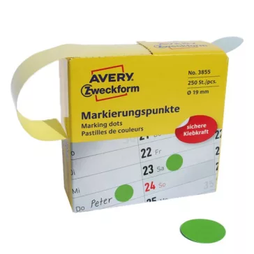   Etikett AVERY 3855 öntapadó jelölőpont adagoló dobozban zöld 19mm 250 jelölőpont/doboz