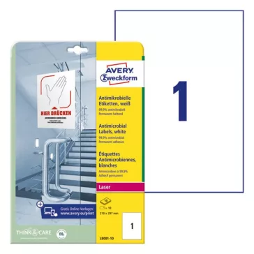   Etikett AVERY L8001-10 210x297mm antimikrobiális fehér 10 címke/doboz 10 ív/doboz