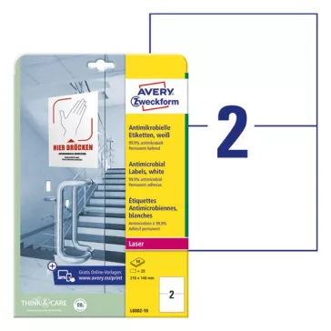   Etikett AVERY L8002-10 210x148mm antimikrobiális fehér 20 címke/doboz 10 ív/doboz