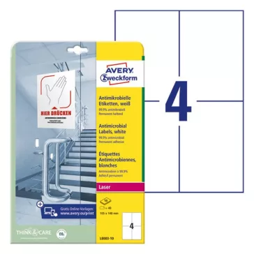  Etikett AVERY L8003-10 105x148mm antimikrobiális fehér 40 címke/doboz 10 ív/doboz