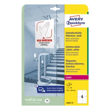   Etikett AVERY L8003-10 105x148mm antimikrobiális fehér 40 címke/doboz 10 ív/doboz