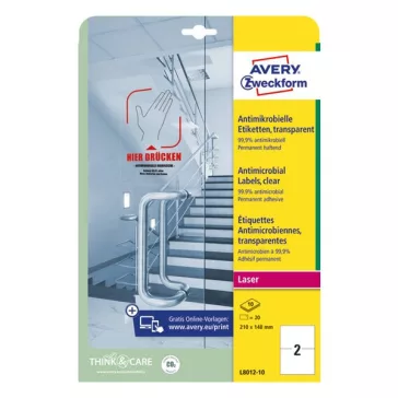   Etikett AVERY L8012-10 210x148mm antimikrobiális átlátszó 20 címke/doboz 10 ív/doboz