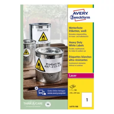   Etikett AVERY L4775-100 210x297 mm fehér időjárásálló 100 címke/doboz 100 ív/doboz