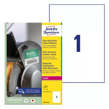   Etikett AVERY L7917-40 210x297 mm ultra ellenálló 40 címke/doboz 40 ív/doboz