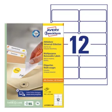   Etikett AVERY L4743REV-100 99,1x42,3 mm univerzális visszaszedhető 1200 címke/doboz 100 ív/doboz