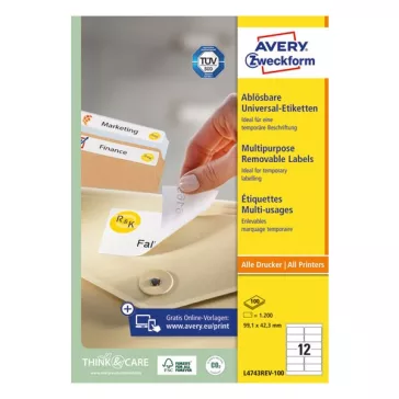   Etikett AVERY L4743REV-100 99,1x42,3 mm univerzális visszaszedhető 1200 címke/doboz 100 ív/doboz
