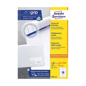   Etikett AVERY 3484-200 105x37 mm fehér univerzális 3520 címke/doboz 200+20 ív/doboz