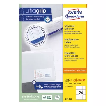   Etikett AVERY 3475-200 70x36 mm univerzális fehér 5280 címke/doboz 200+20 ív/doboz