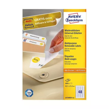   Etikett AVERY L4736REV-100 45,7x21,2 mm univerzális visszaszedhető 4800 címke/doboz 100 ív/doboz