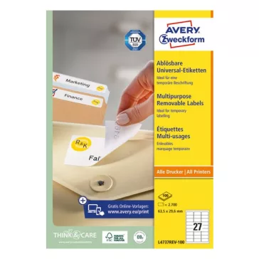   Etikett AVERY L4737REV-100 63,5x29,6 mm univerzális visszaszedhető 2700 címke/doboz 100 ív/doboz