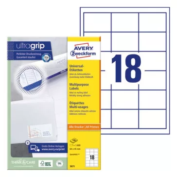   Etikett AVERY 3671 64x45 mm fehér univerzális  1800 címke/doboz 100 ív/doboz