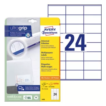   Etikett AVERY 3490 70x36 mm fehér univerzális  720 címke/doboz 30 ív/doboz