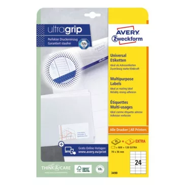   Etikett AVERY 3490 70x36 mm fehér univerzális  720 címke/doboz 30 ív/doboz