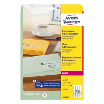   Etikett AVERY L4770-25 45,7x25,4 mm átlátszó 1000 címke/doboz 25 ív/doboz