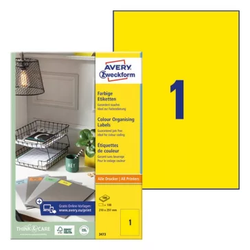   Etikett AVERY 3473 210x297 mm sárga  univerzális 100 címke/doboz 100 ív/doboz