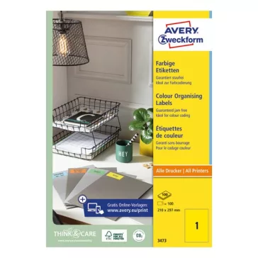  Etikett AVERY 3473 210x297 mm sárga  univerzális 100 címke/doboz 100 ív/doboz