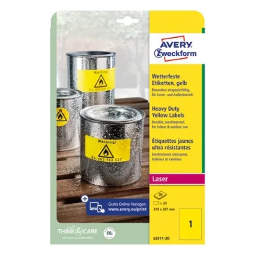   Etikett AVERY L6111-20 210x297 mm sárga időjárásálló 20 címke/doboz 20 ív/doboz