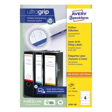   Etikett AVERY L4761-100 192x61 mm fehér iratrendezőcímke 400 címke/doboz 100 ív/doboz