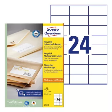   Etikett AVERY LR3475 70x36 mm környezetbarát 2400 címke/doboz 100 ív/doboz