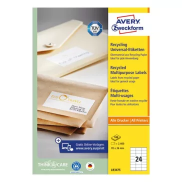   Etikett AVERY LR3475 70x36 mm környezetbarát 2400 címke/doboz 100 ív/doboz