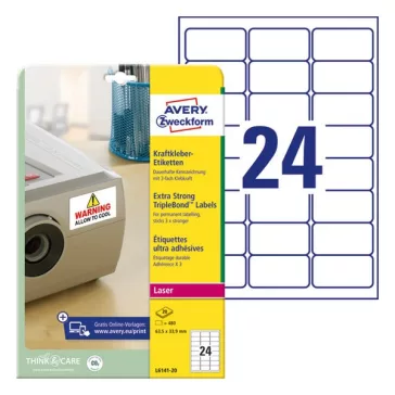   Etikett AVERY L6141-20 63,5x33,9 mm háromszor erősebb tapadás 480 címke/doboz 20 ív/doboz