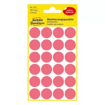   Etikett AVERY 3172 jelölőpont 18mm neon piros 96 címke/doboz 4 ív/doboz