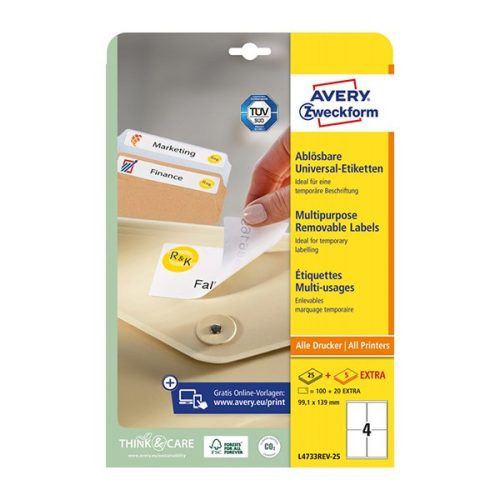 Etikett AVERY L4733REV-25 99,1x139 mm univerzális visszaszedhető 30 íves