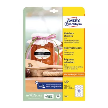   Etikett AVERY L5087  63,5x42,3 mm ovális visszaszedhető 10 lapos