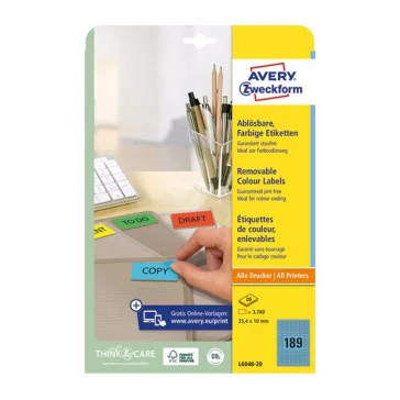   Etikett AVERY L6048-20 25,4x10 mm univerzális visszaszedhető kék 20 íves