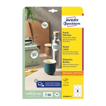   Etikett AVERY L6229REV-10  80mm univerzális kör visszaszedhető 10 íves