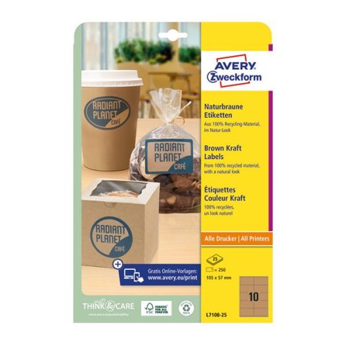 Etikett AVERY L7108-25 105x57 mm újrahasznosított barna kraft 25 íves