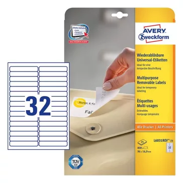   Etikett AVERY L6031REV-25 96x16,9 mm univerzális visszaszedhető fehér