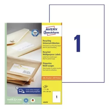   Etikett AVERY LR3478 210x297mm környezetbarát 100 címke/doboz 100 ív/doboz
