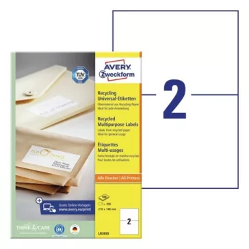   Etikett AVERY LR3655 210x148mm környezetbarát 200 címke/doboz 100 ív/doboz