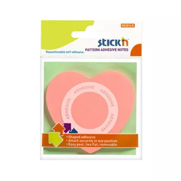   Öntapadós jegyzettömb STICK'N 70x70mm 360°-ban tapadó szív forma rózsaszín 50 lap