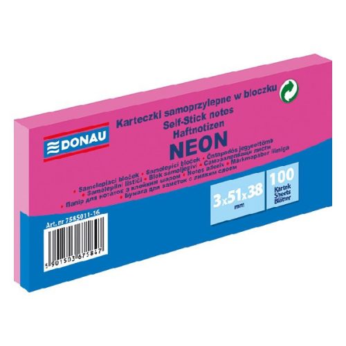 Öntapadós jegyzettömb DONAU 38x51 mm 3x100 lap neon rózsaszín