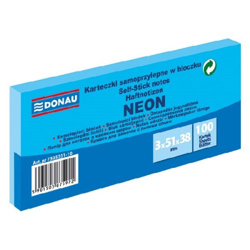 Öntapadós jegyzettömb DONAU 38x51 mm 3x100 lap neon kék