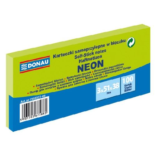 Öntapadós jegyzettömb DONAU 38x51 mm 3x100 lap neon zöld