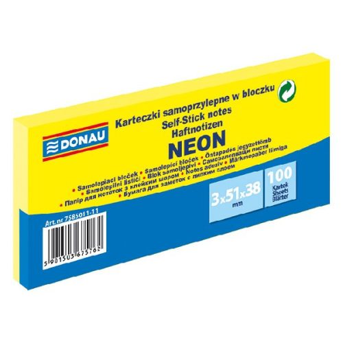 Öntapadós jegyzettömb DONAU 38x51 mm 3x100 lap neon sárga