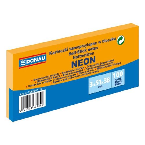 Öntapadós jegyzettömb DONAU 38x51 mm 3x100 lap neon narancssárga