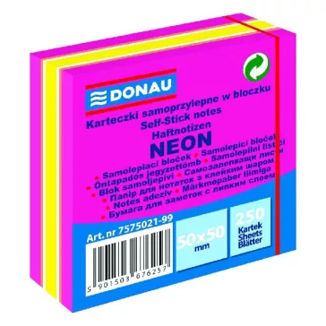   Öntapadós jegyzettömb DONAU 50x50 mm 250 lap vegyes neon színek rózsaszín