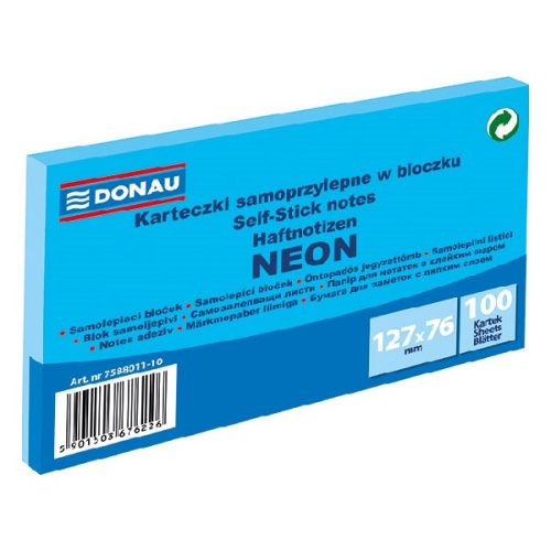 Öntapadós jegyzettömb DONAU 76x127 mm 100 lap neon kék