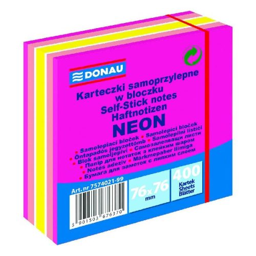 Öntapadós jegyzettömb DONAU 76x76 mm 400 lap vegyes neon színek rózsaszín