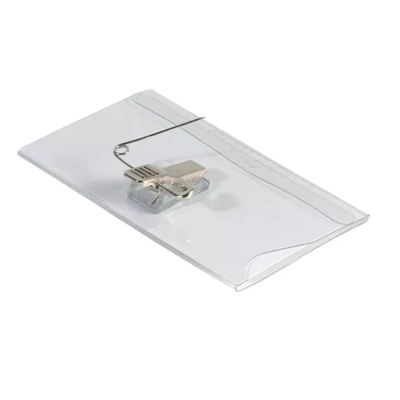 Névjegykitűző DURABLE 54x90 mm csiptetővel és tűvel átlátszó 50 darabos