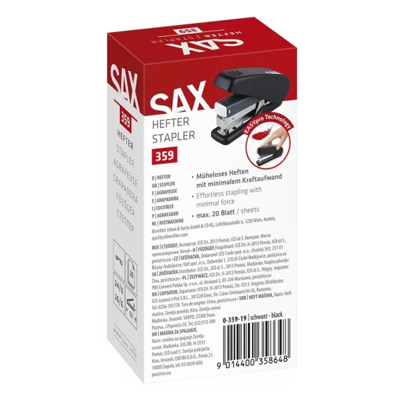 Tűzőgép SAX 359 M Easypro 20 lap 24/6-26/6 fekete Tűzőgép SAX 359 M Easypro 20 lap 24/6-26/6 fekete